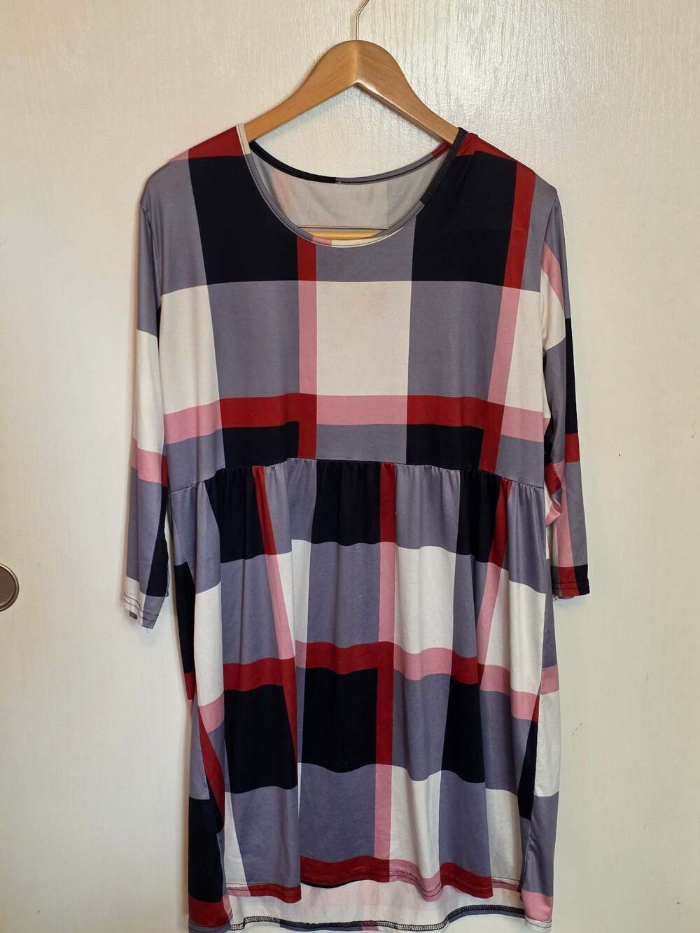 Women Plaid Long Sleeve Empire Waist High Low Dress/Tunic